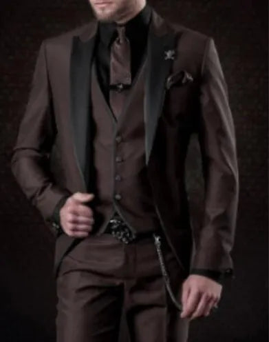 Men's three-piece wine red wool serge suit with slim fit, includes waistcoat, coat, and trousers