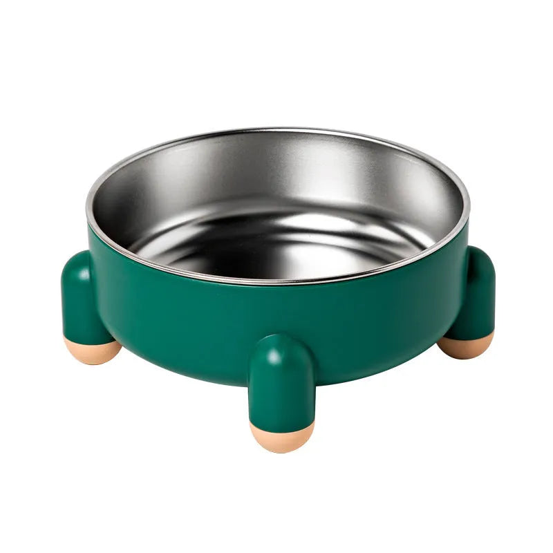 Stainless steel pet bowl with non-slip base and high foot in pink, green, or white colour.