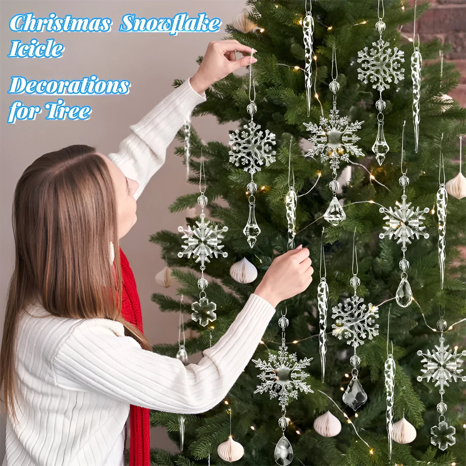 Ten transparent acrylic ice cone Christmas ornaments with hanging ribbon