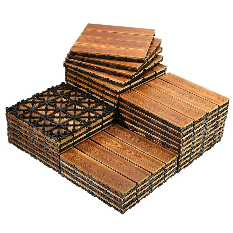 Four square camphor pine wood flooring tiles with a brushed finish, each measuring 30cm by 30cm.