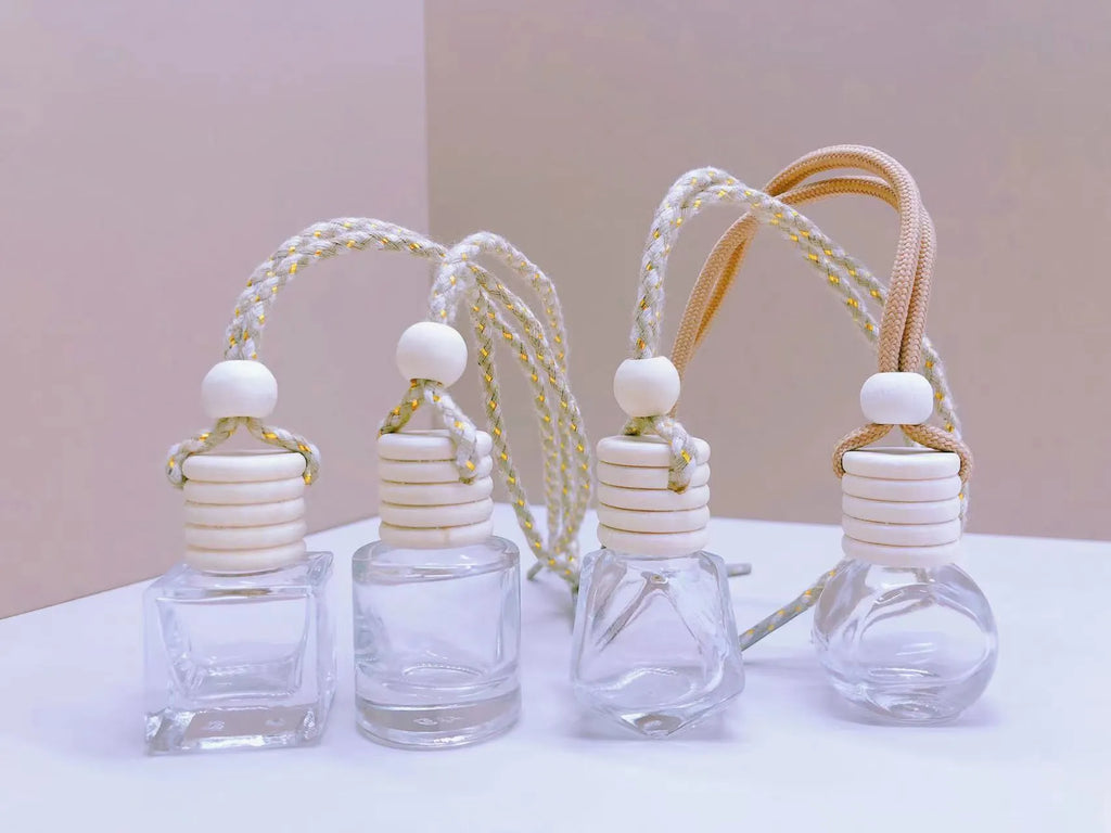 Car perfume pendant fragrance with glass bottle in cylinder, diamond, flat drum and square shape options