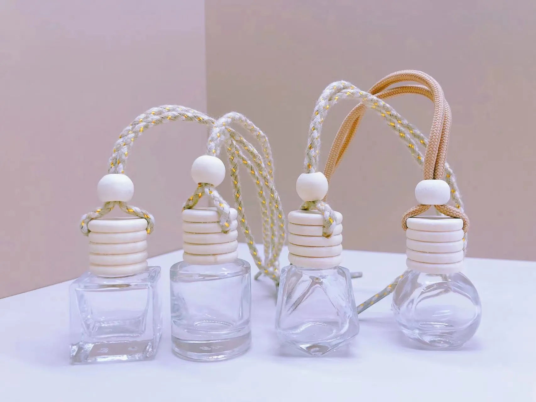 Car perfume pendant fragrance with glass bottle in cylinder, diamond, flat drum and square shape options
