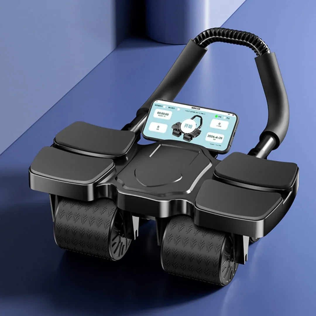 Automatic rebound abdominal exercise wheel with four wheels, shown in black colour.