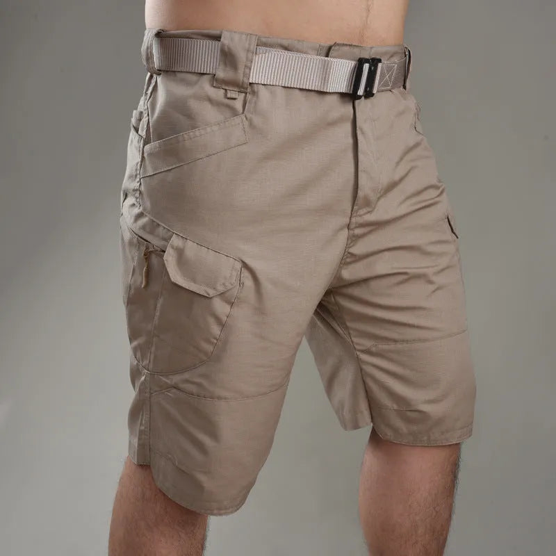 Khaki coloured tactical shorts made from cotton blend fabric on a mannequin.