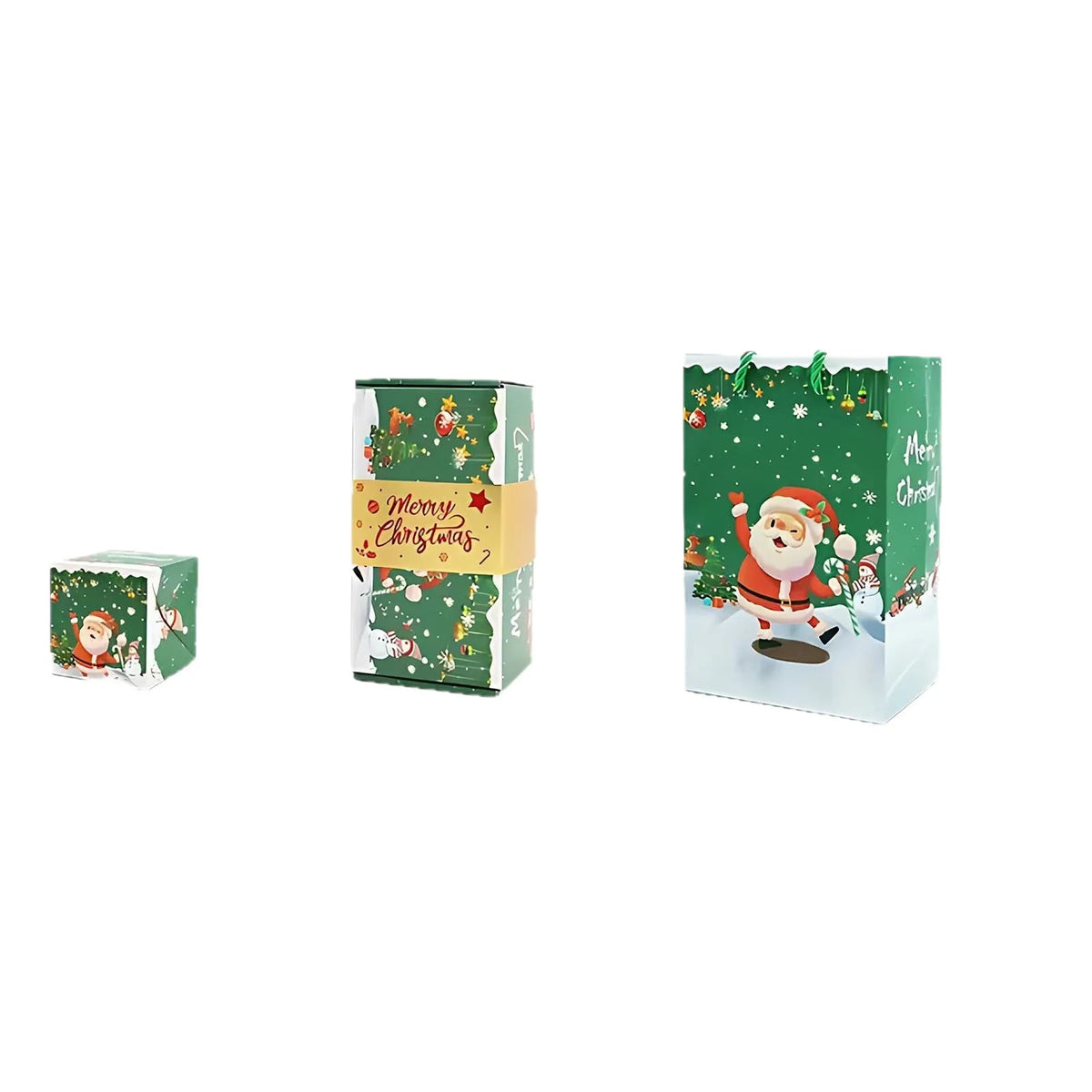 Paper surprise box gift set with bounce boxes, gift box and gift bag in red or green Santa snowman design