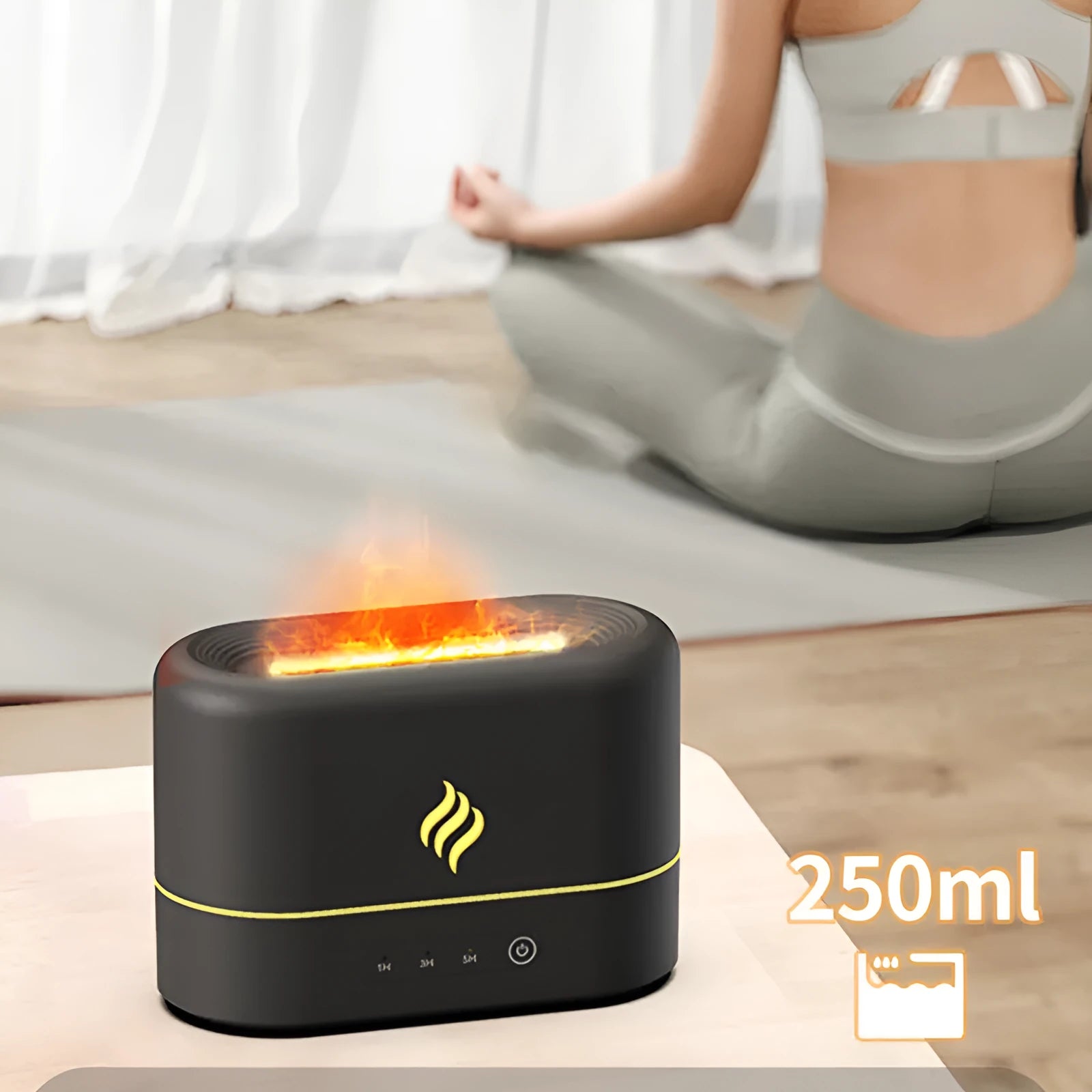 White USB aromatherapy humidifier with seven-colour LED flame effect showing mist outlet.