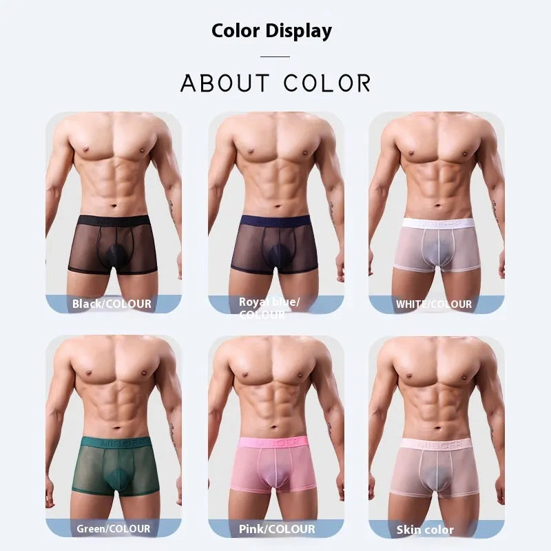 Men's solid-colour thin boxer shorts in quick-drying polyester fabric on a size chart