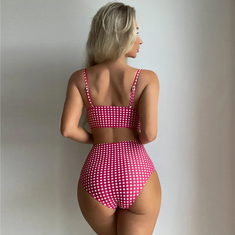 Women's plaid high-waist bikini swimsuit in rose red with polyester lining