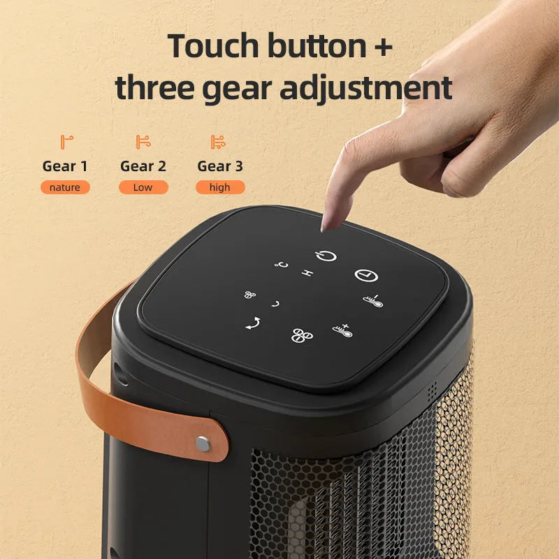 Silver electric heating radiator with digital touch screen display and remote control for hot and cold air.