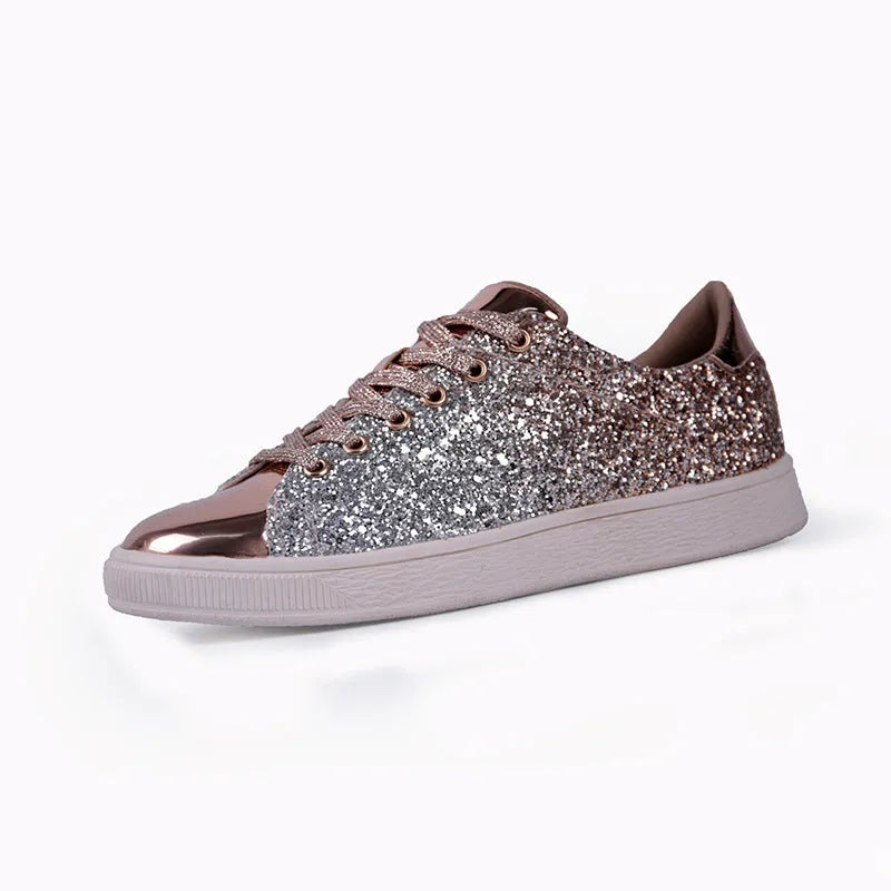 Women's black sequinned low-top lace-up shoes with a round toe and rubber sole