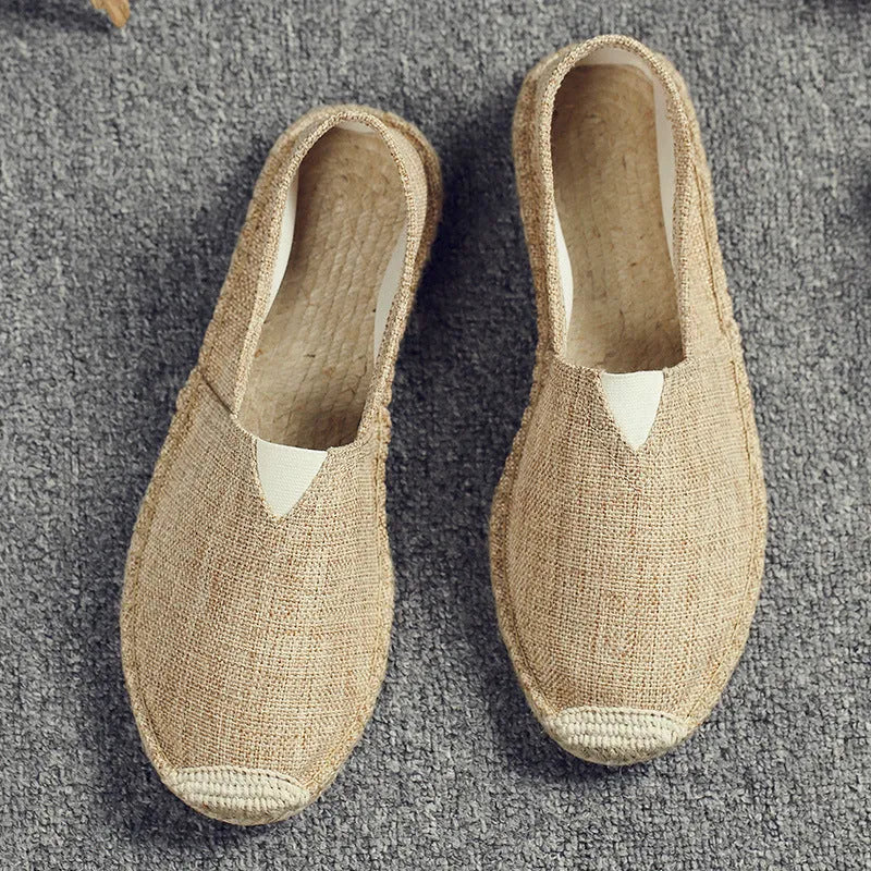 Men's round-toe casual canvas shoes in linen fabric, shown in black, dark brown, grey, and white colour options.