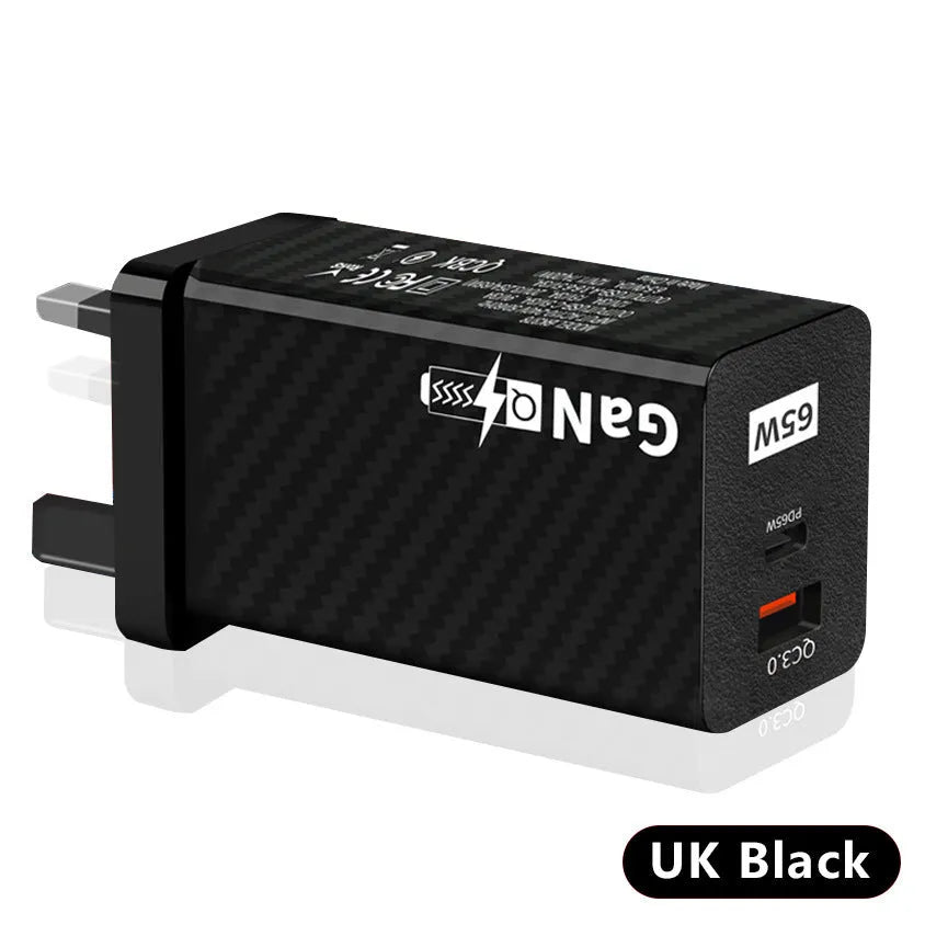 65W GaN universal laptop charger in white or black with compact dimensions and USB-C PD port