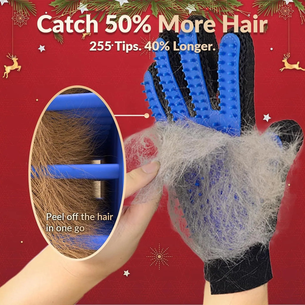Blue pet grooming gloves with silicone tips for removing loose hair from dogs cats and horses
