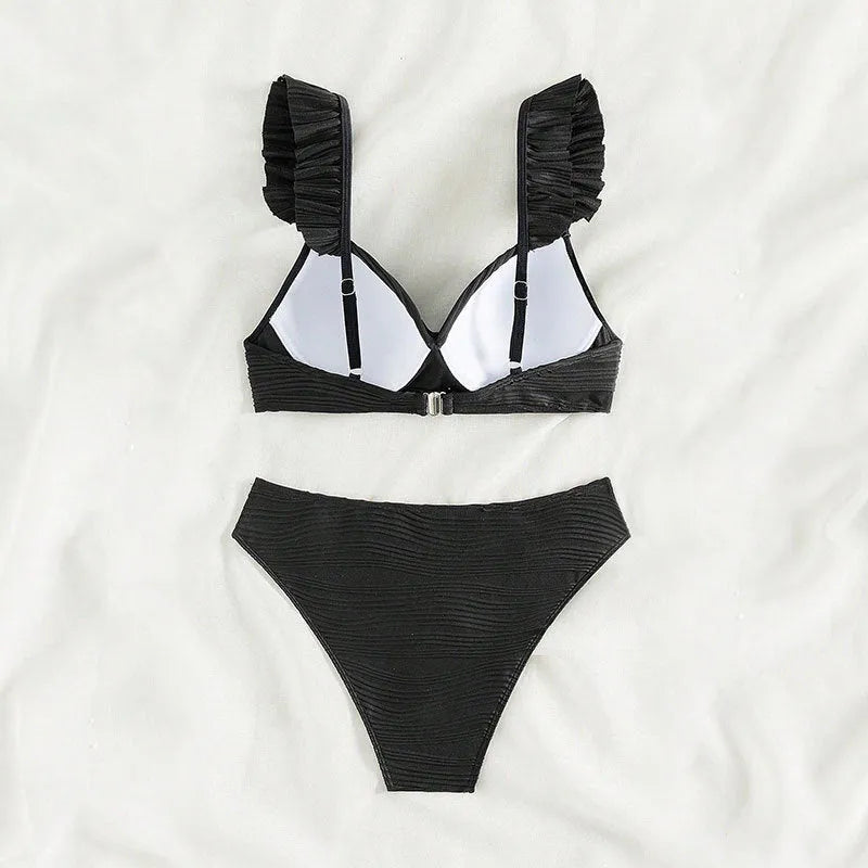 Women's solid colour bikini swimsuit in black or khaki polyester fabric
