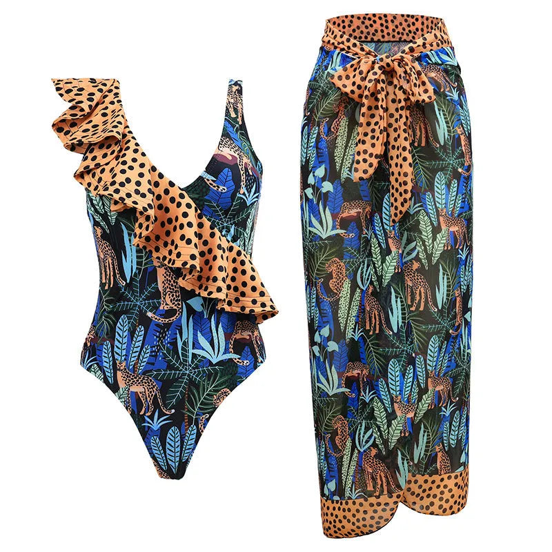 Solid colour women's one-piece swimsuit with thin spaghetti straps and a separate matching swim skirt.
