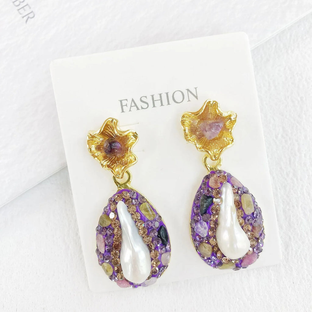 Purple pearl and crystal teardrop lotus leaf drop earrings for women with inlaid diamond detail