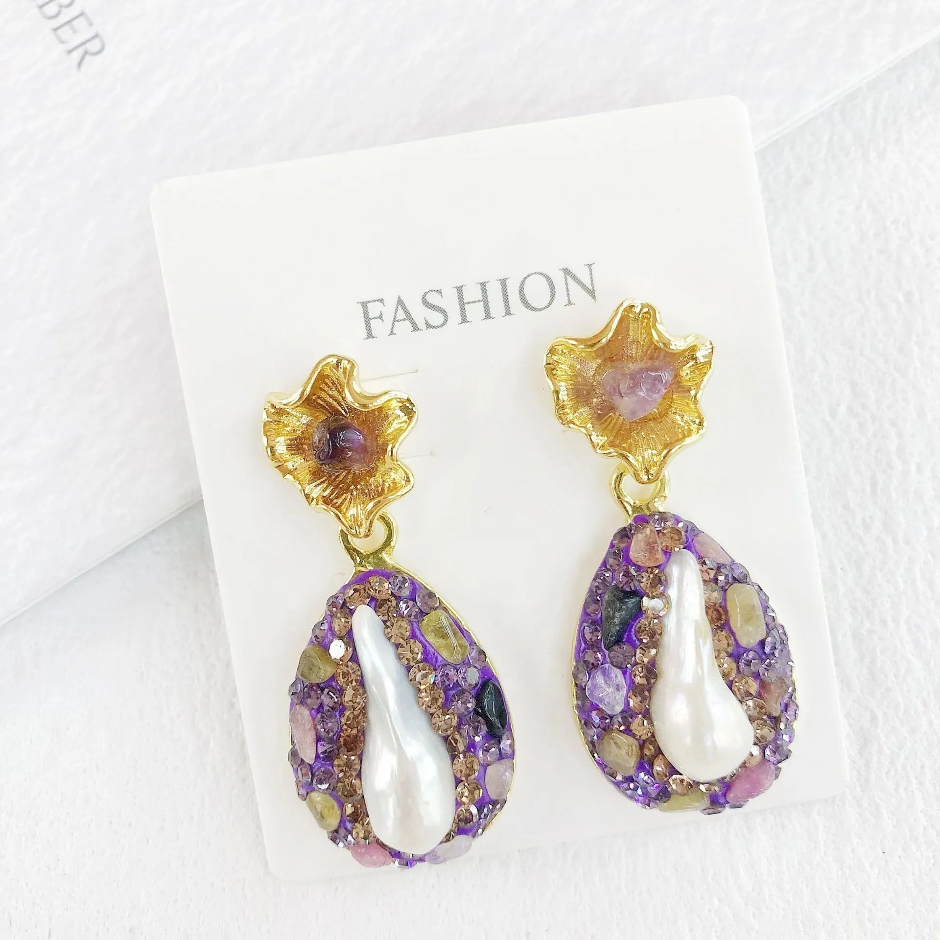 Purple pearl and crystal teardrop lotus leaf drop earrings for women with inlaid diamond detail