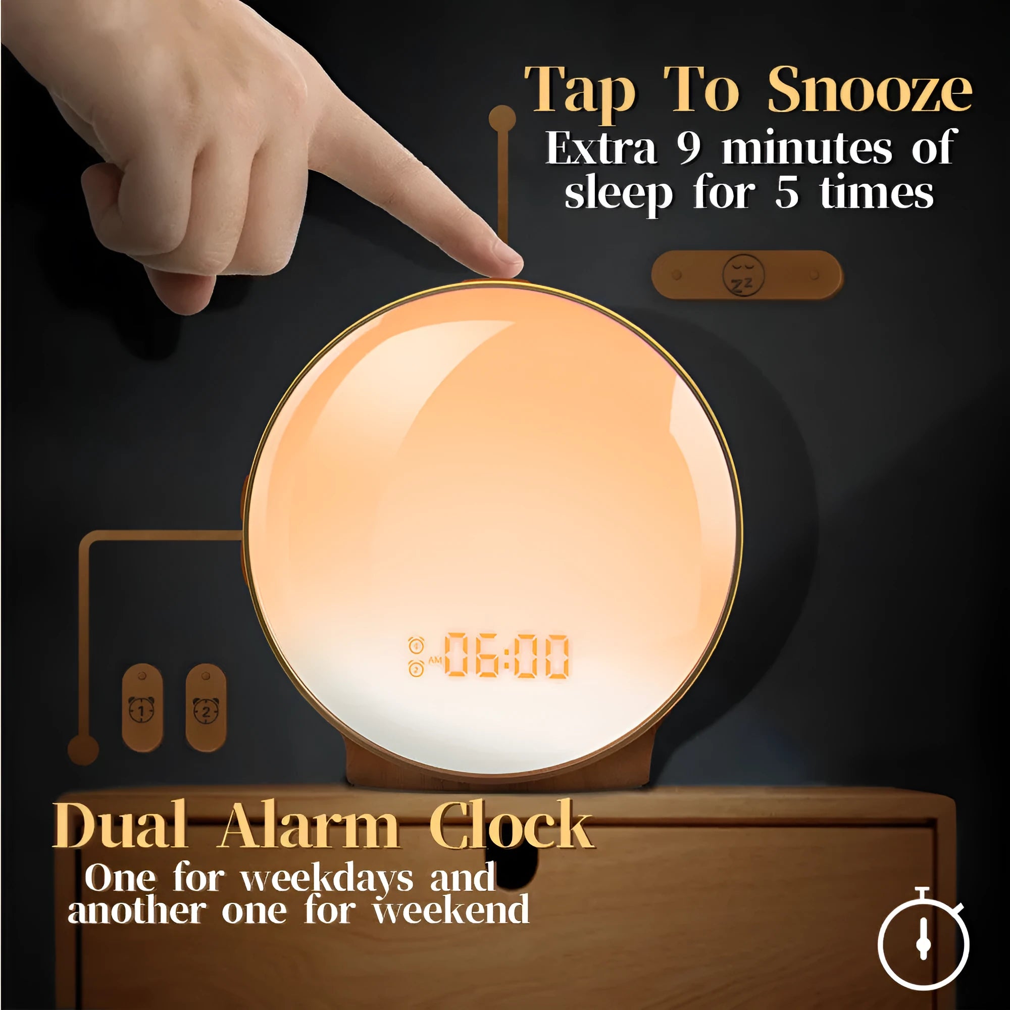 Sunrise alarm clock with wood grain finish, compact size 16x16x6cm, voice control, and night light