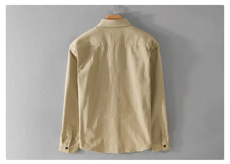 Men's long sleeve cotton workwear shirt in green, cardigan style, American retro casual wear