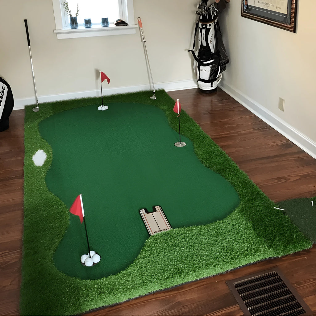 Large green artificial lawn putting mat 1.5x3m on indoor floor for golf practice