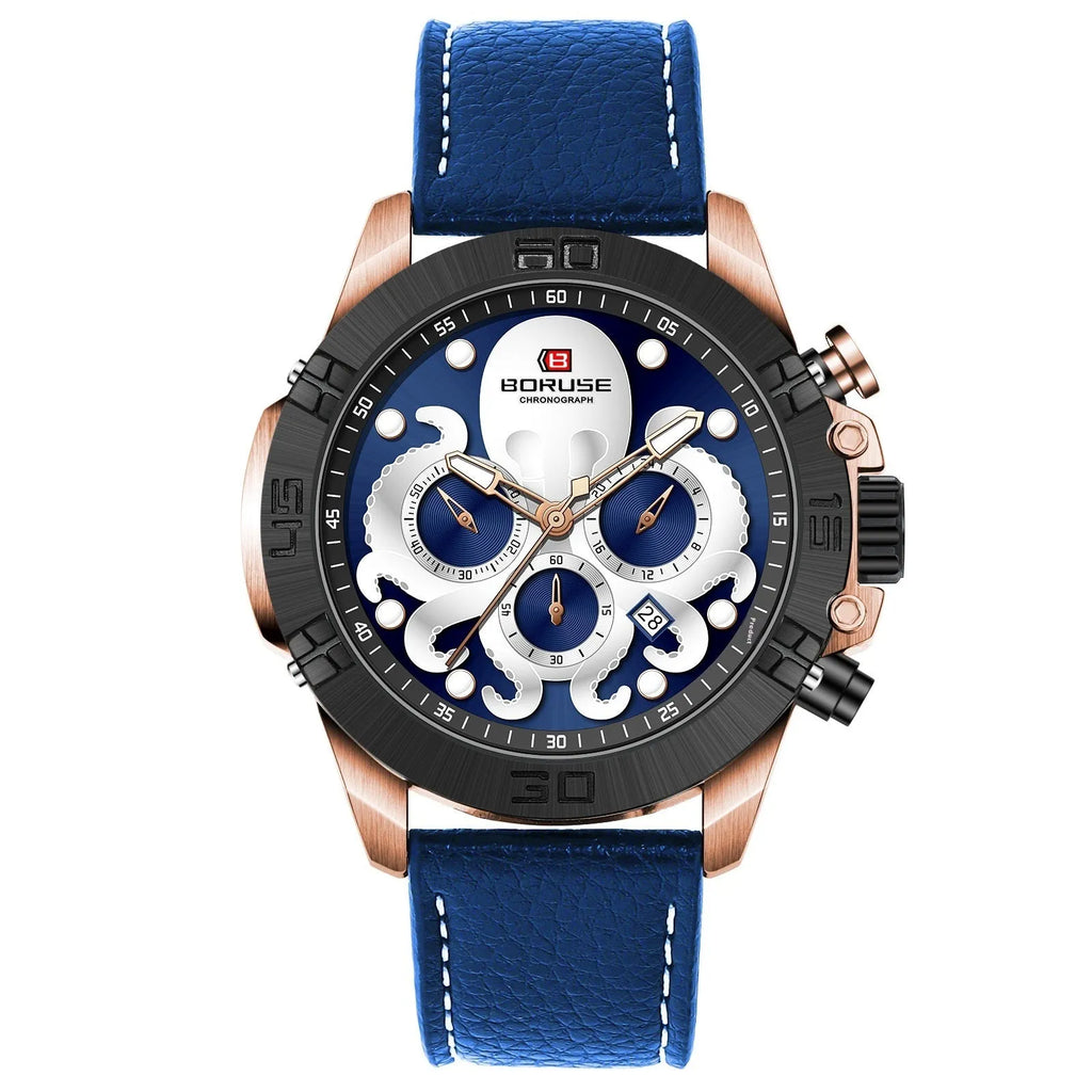 Men's octopus design waterproof luminous quartz watch on wrist in black or blue.