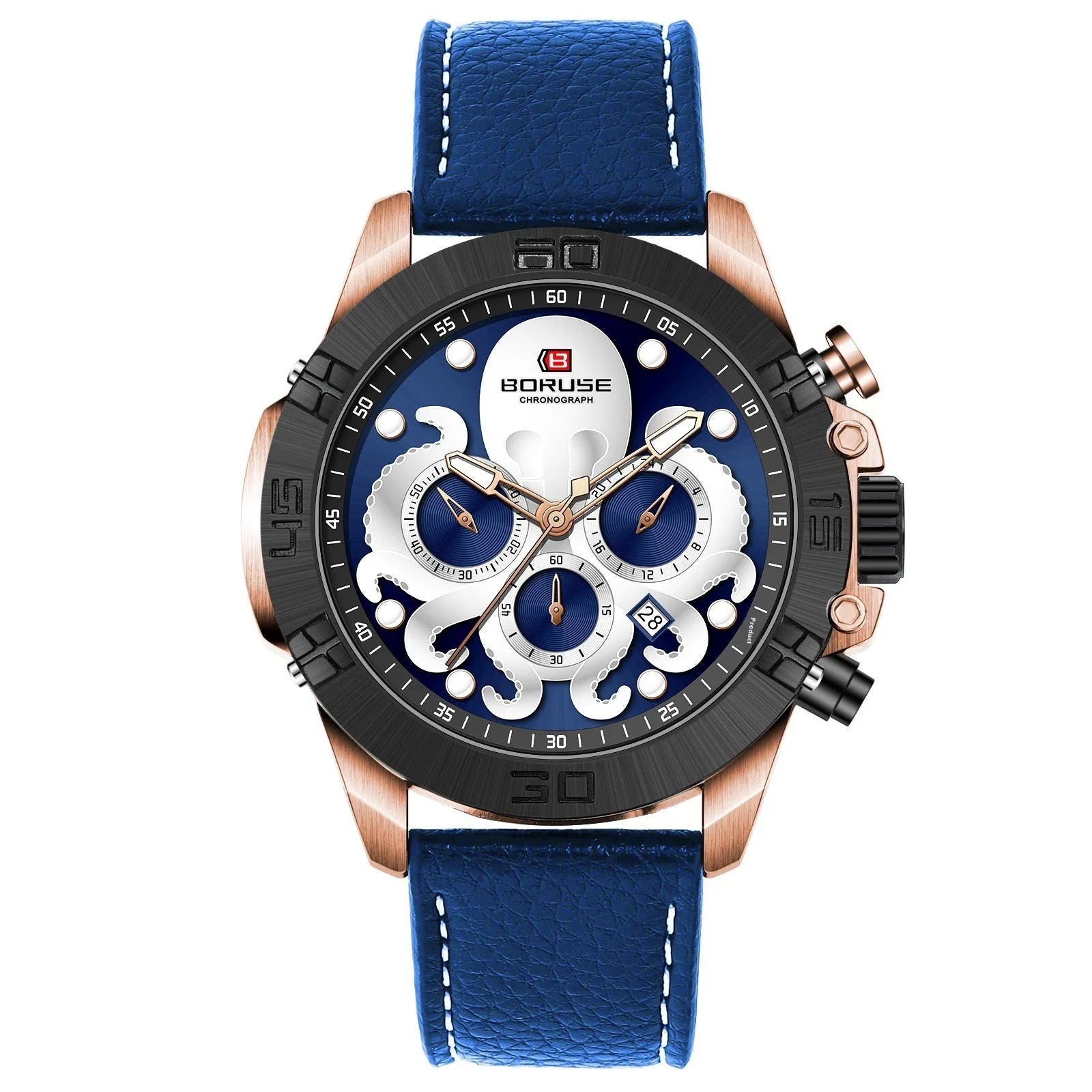 Men's octopus design waterproof luminous quartz watch on wrist in black or blue.