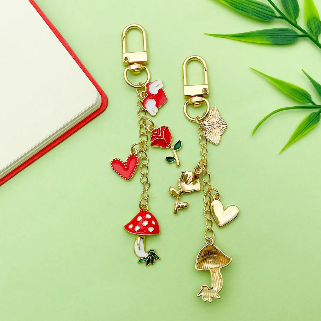 Red Mushroom Love Heart Rose Heart-shaped Alloy Keychain with unicorn motif colour LS613