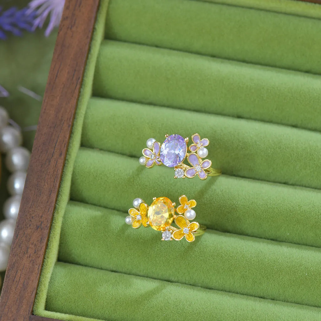 Women's flower pearl zircon open ring in yellow and light purple colours with floral design