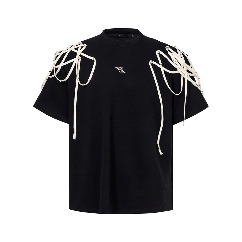 Black loose-fit short-sleeved T-shirt with ribbed padded shoulders on a hanger.