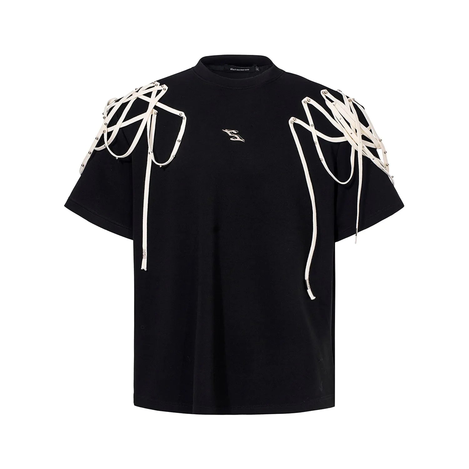 Black loose-fit short-sleeved T-shirt with ribbed padded shoulders on a hanger.