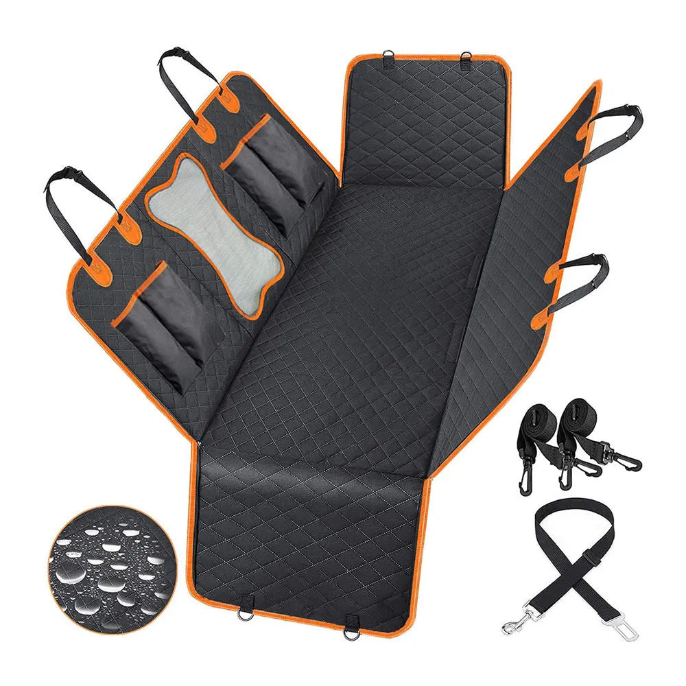 Black orange edge waterproof dog car seat cover with mesh window and accessory pocket