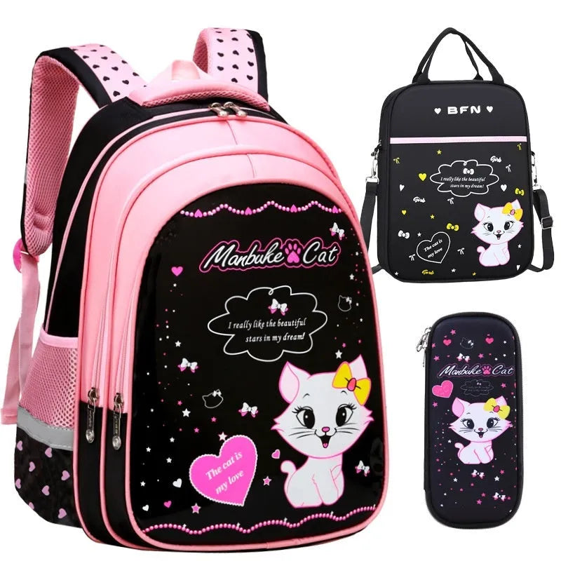 Kids school backpack with cute cat print in nylon, waterproof and load-reducing design, available in large or small sizes