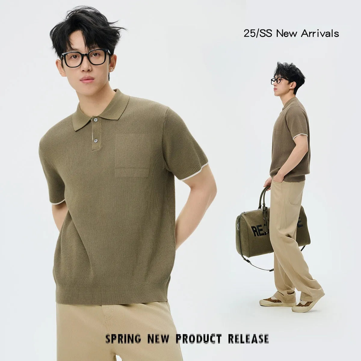 Men's business casual summer sweater with contrast lapels in solid colour, short sleeves, polyester blend