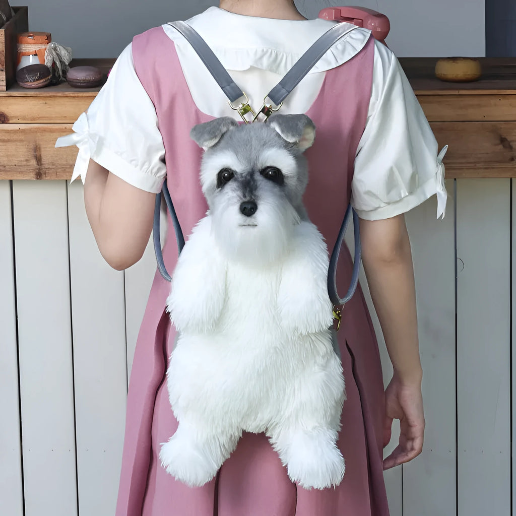 Schnauzer artificial dog backpack cartoon puppy doll with black bow and white strap