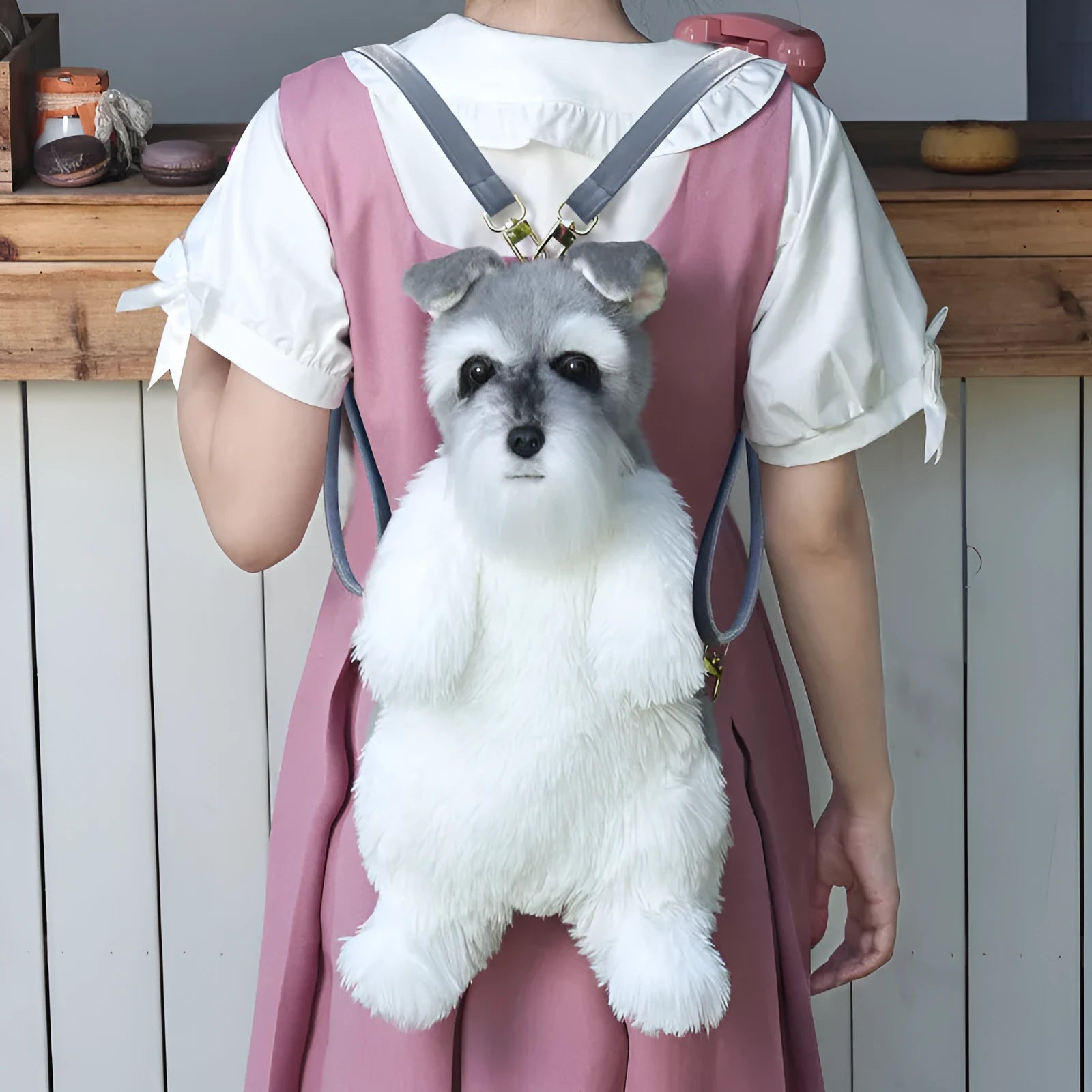 Schnauzer artificial dog backpack cartoon puppy doll with black bow and white strap
