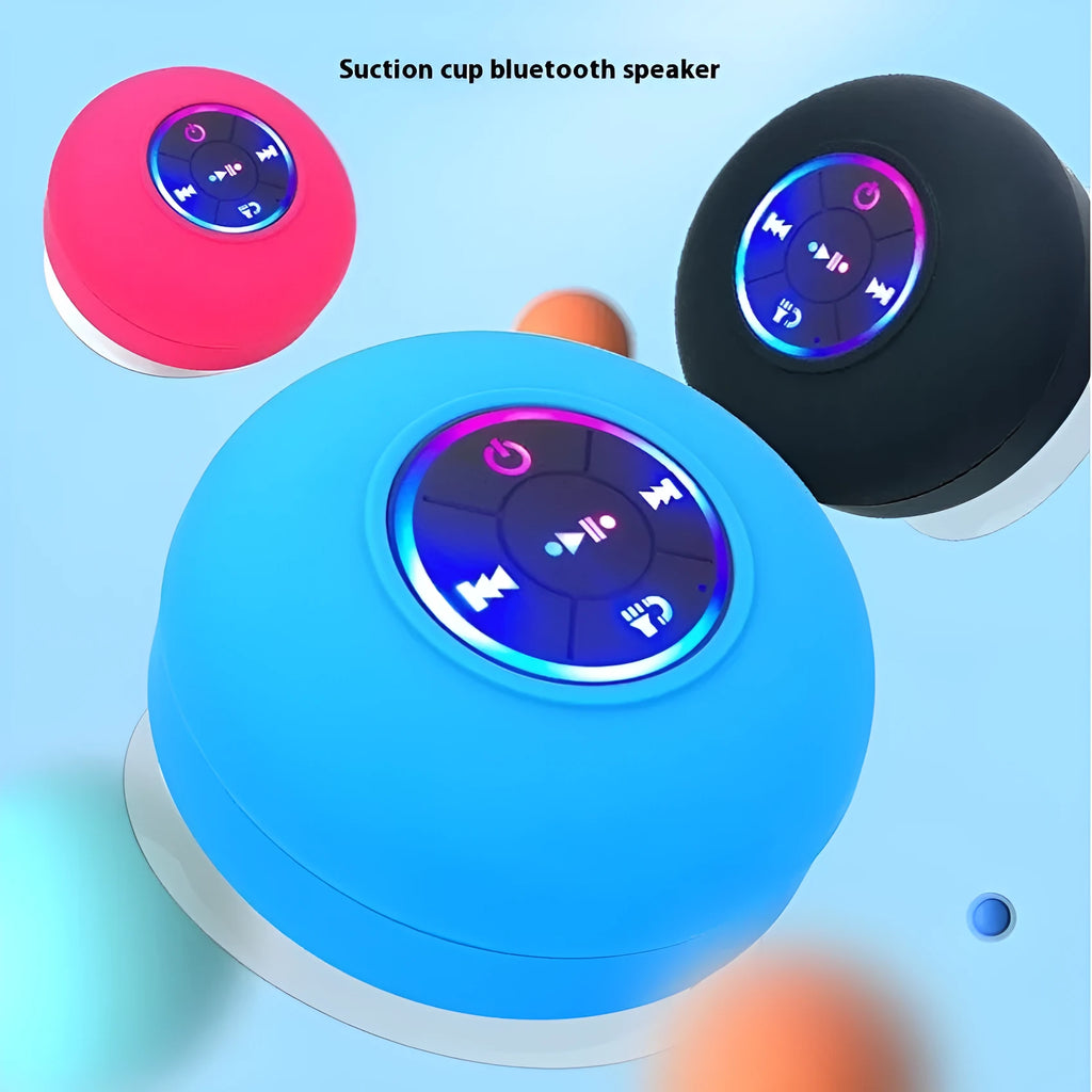 Waterproof Bluetooth speaker with large suction cup base and LED light in six colour options