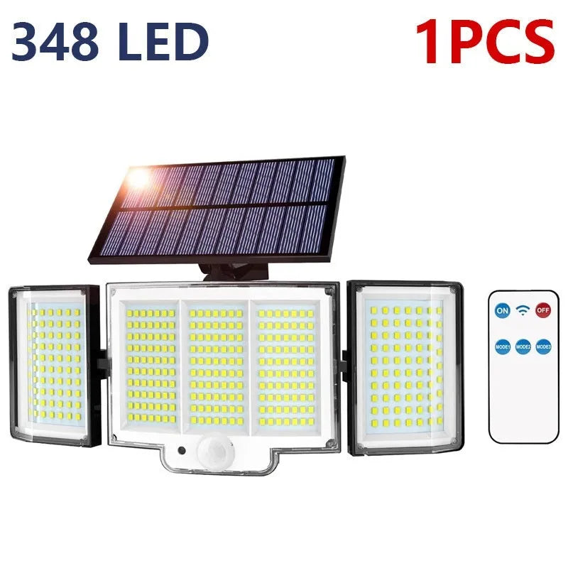 Solar-powered outdoor garden lamp with motion sensor on a wall