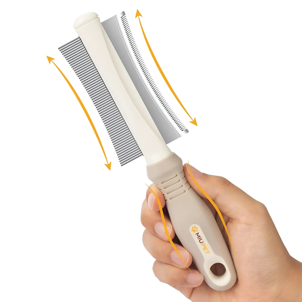 White double-sided dog and cat brush showing comb and deshedding blade with ergonomic handle.