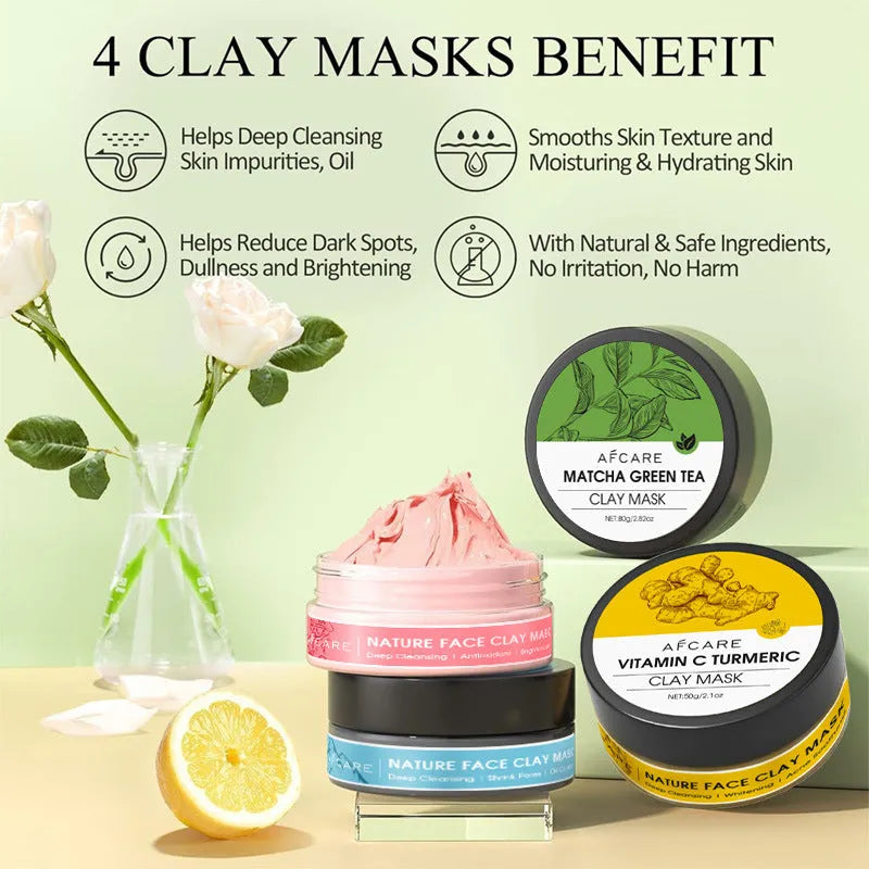 Set of four tubs of Dead Sea Mud Green Tea Turmeric Rose Clay Mask