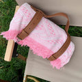 Knitted acrylic thickened checkerboard picnic mat with tassel edges and leather handle, khaki white colour, 130x180 cm