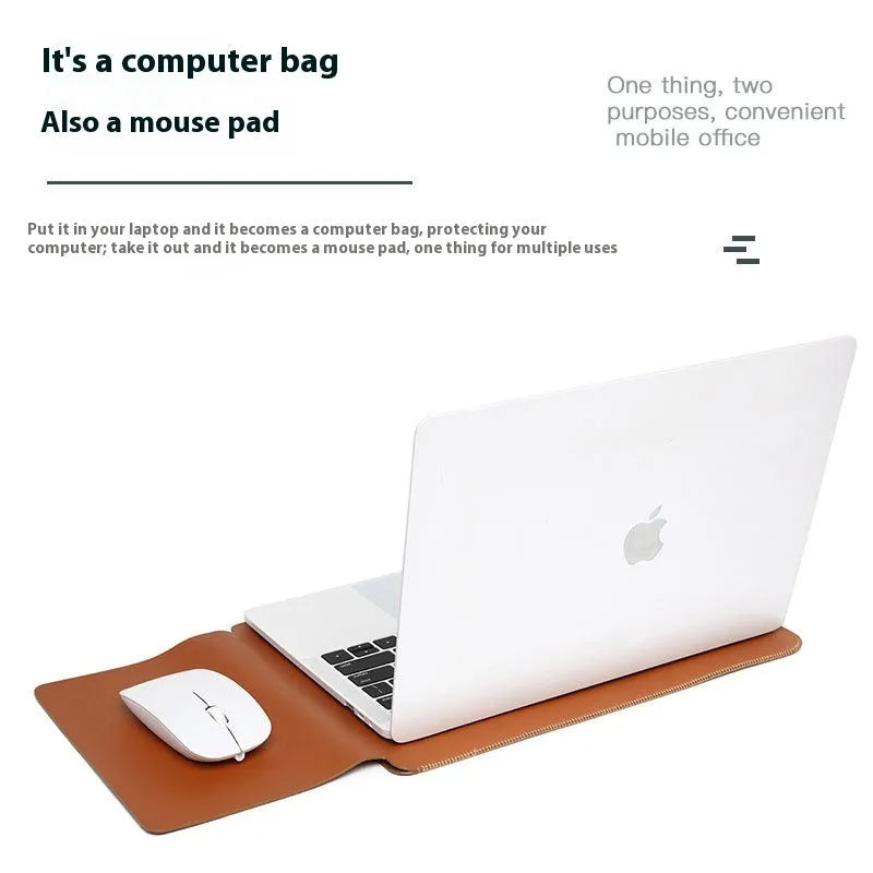 Set of four imitation leather lock-edge corner protectors for MacBook laptops in apricot colour.