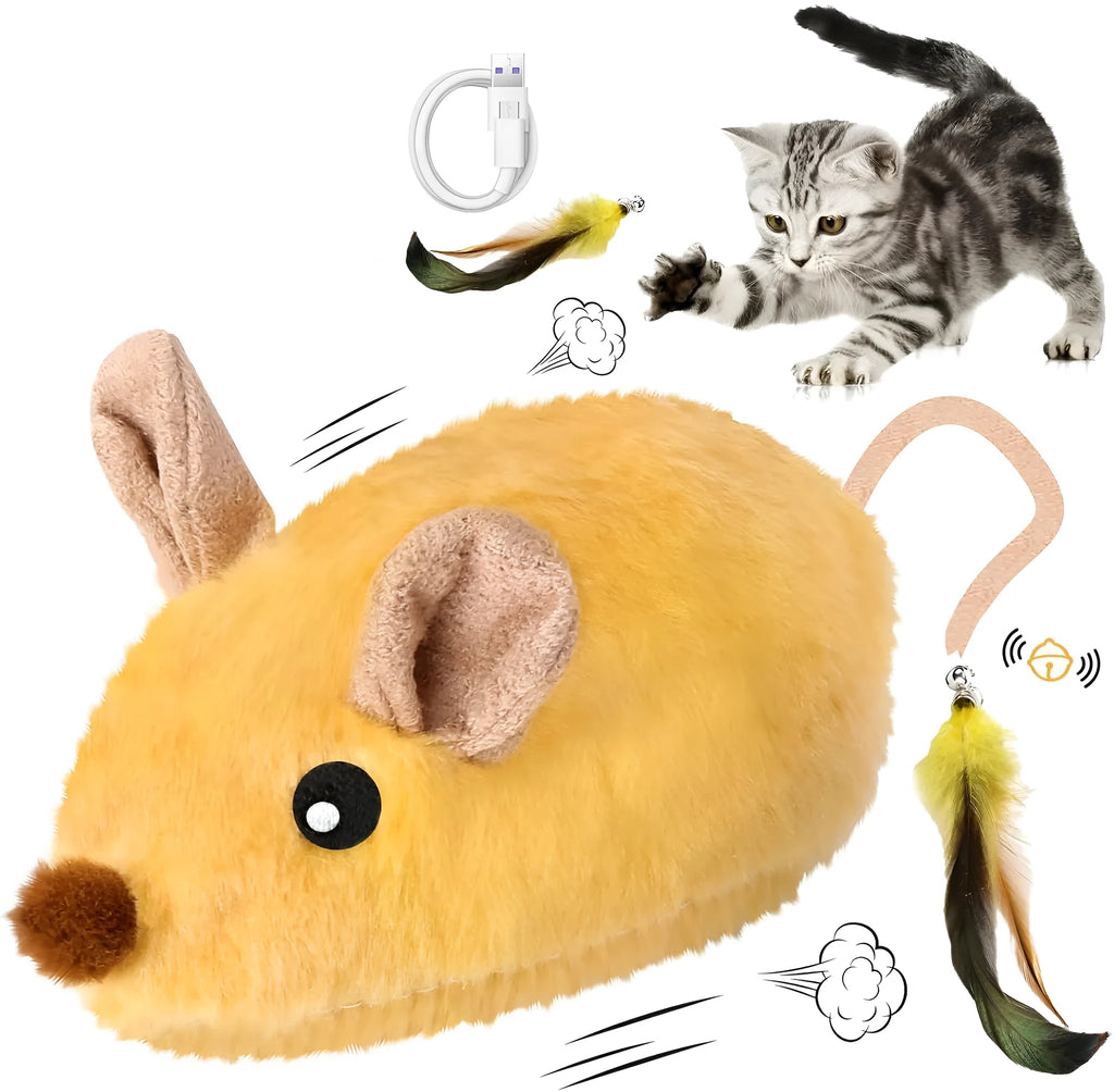 Grey and yellow rechargeable automatic cat mouse toy with feather tail and LED lights