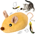 Grey and yellow rechargeable automatic cat mouse toy with feather tail and LED lights