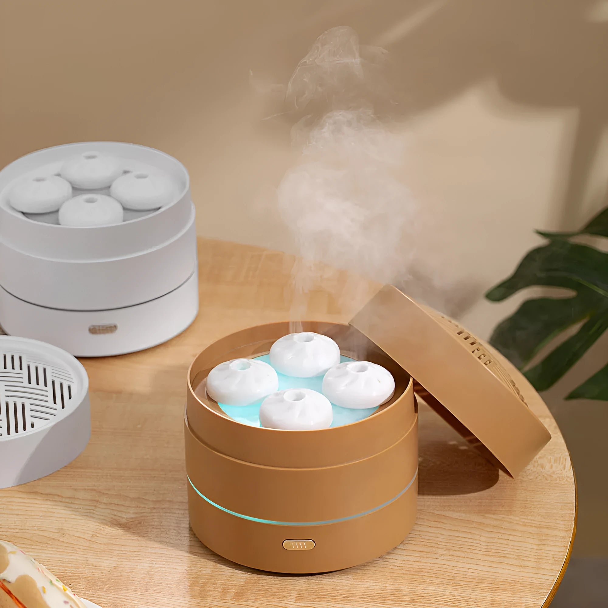 USB ultrasonic aroma diffuser 200ml coffee colour four spray nozzles LED night light on desk