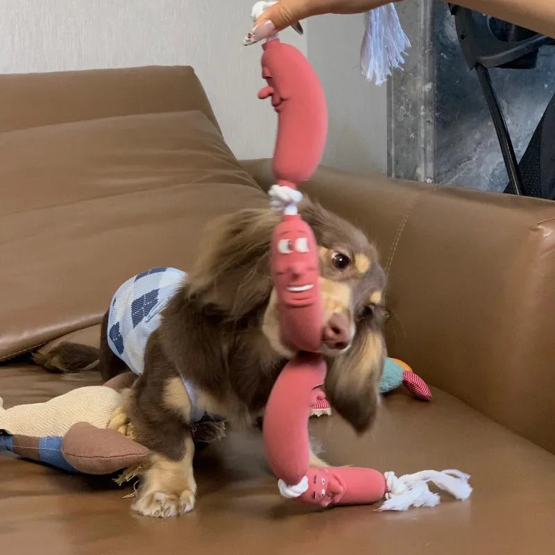 Brown sausage toy bundle attached to 108cm rope dog leash with grip tape handle