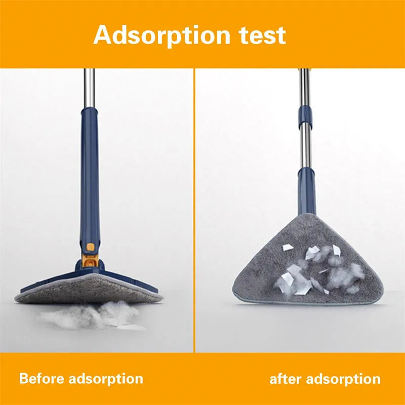 Blue extendable triangle mop with rotating head and long stainless steel pole for cleaning floors and walls
