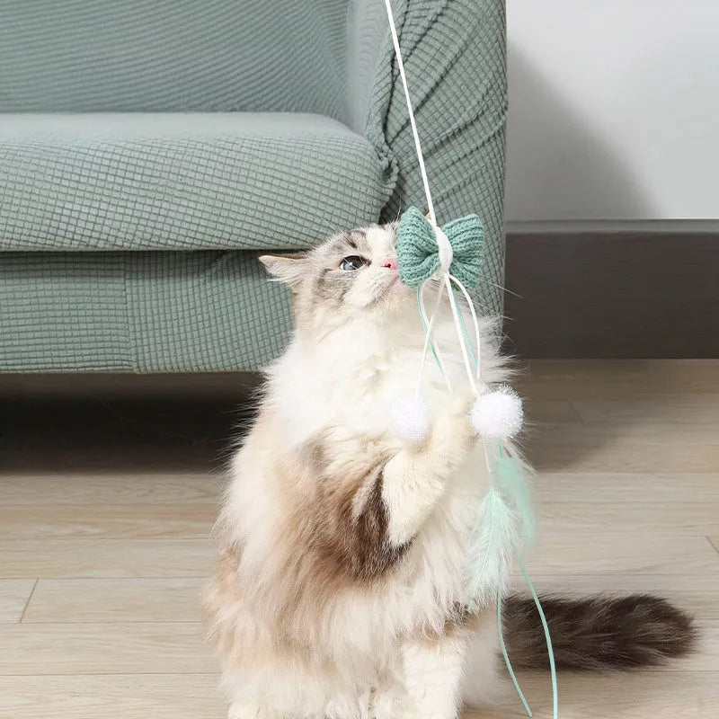 Blue long pole cat teaser toy with feather attachments and an inflated ego design element.