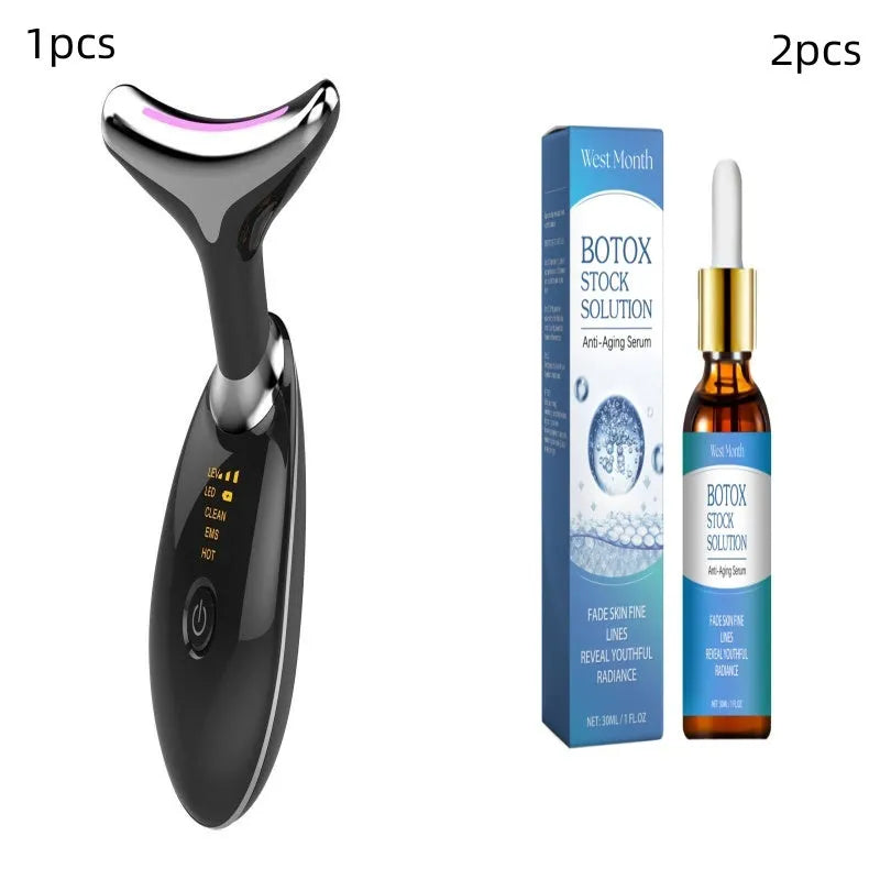 White EMS thermal neck massager device with LED lights on a skincare stand.