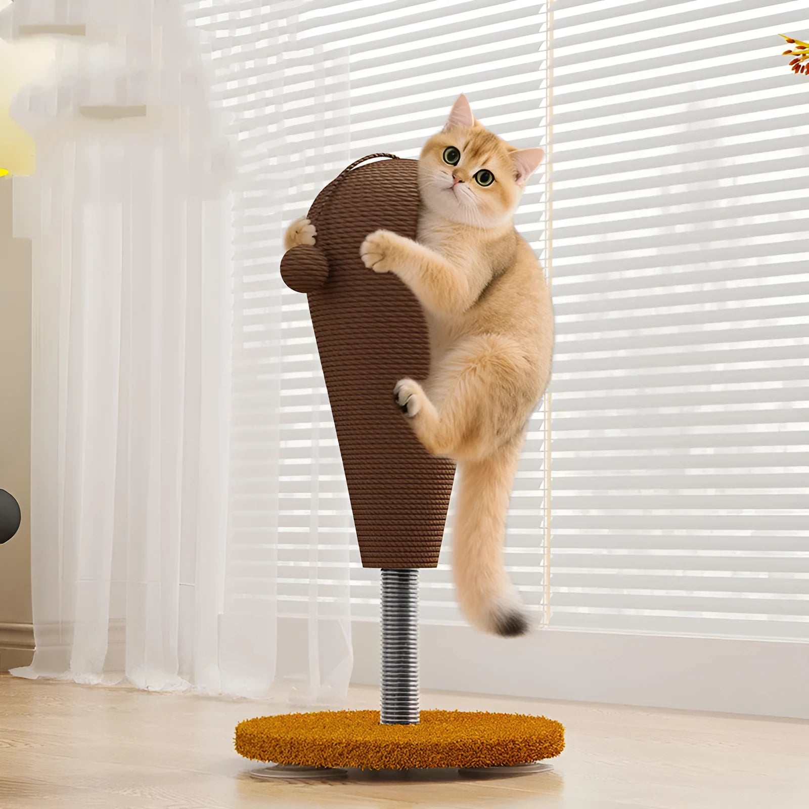 A hemp rope cat scratching board with a colourful cat grasping ball toy placed beside it.