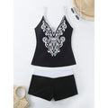 Plus size women's swimsuit set with brief-style top and matching swim shorts in black or rose red